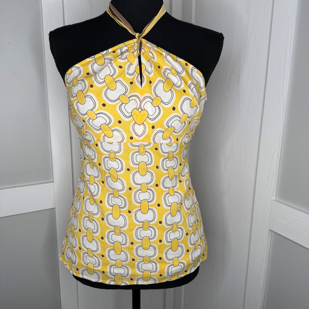 Ann Taylor Loft‎ Halter Top Women 00P Yellow Geometric Chain Print Side Zip